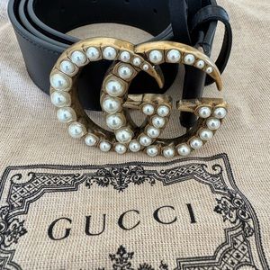 GUCCI Moon Calfskin Pearl Double G 75 mm Belt